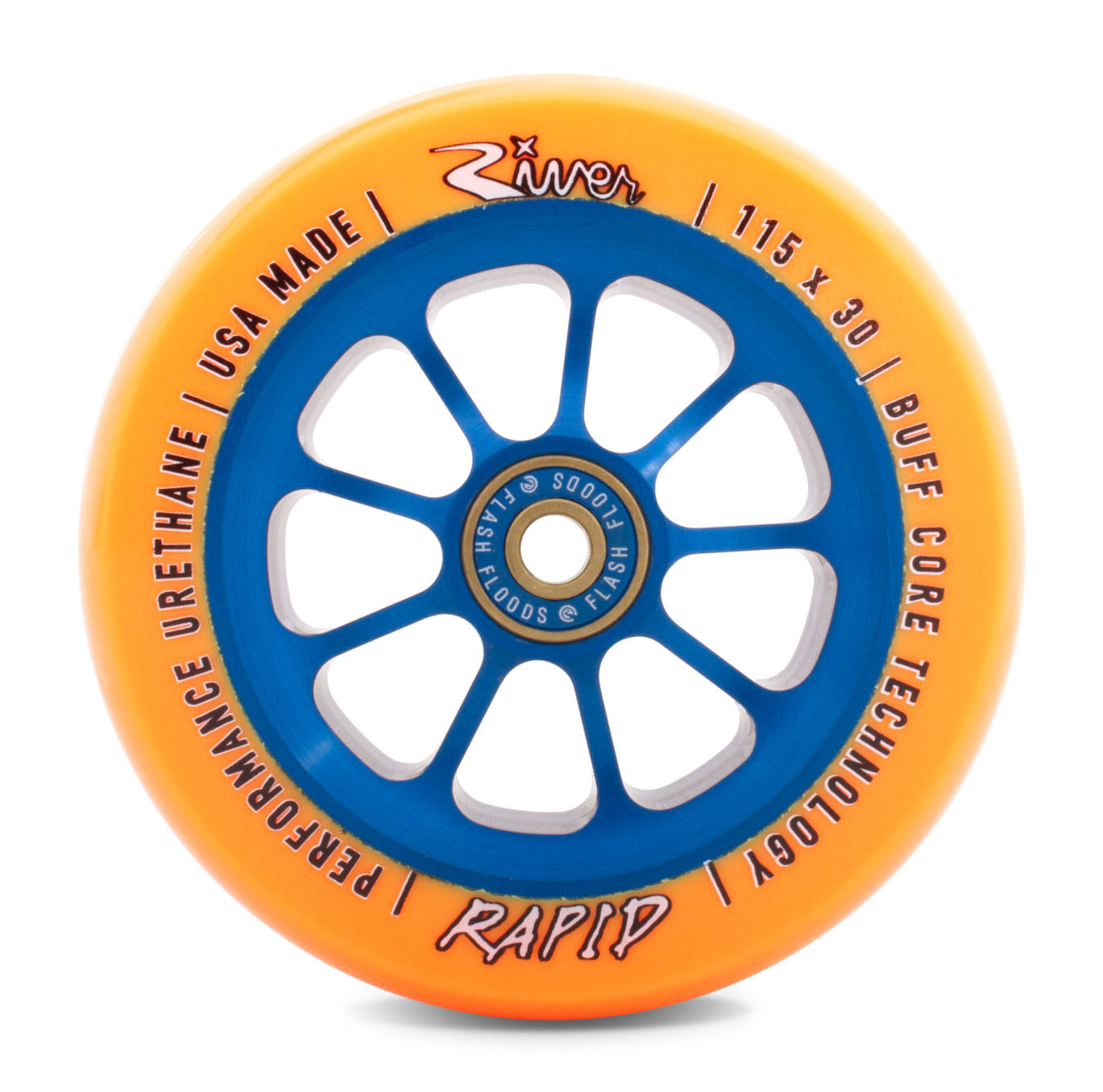River Wheel Co – “Sunfire” Rapid 115 x 30 (Orange on Blue)